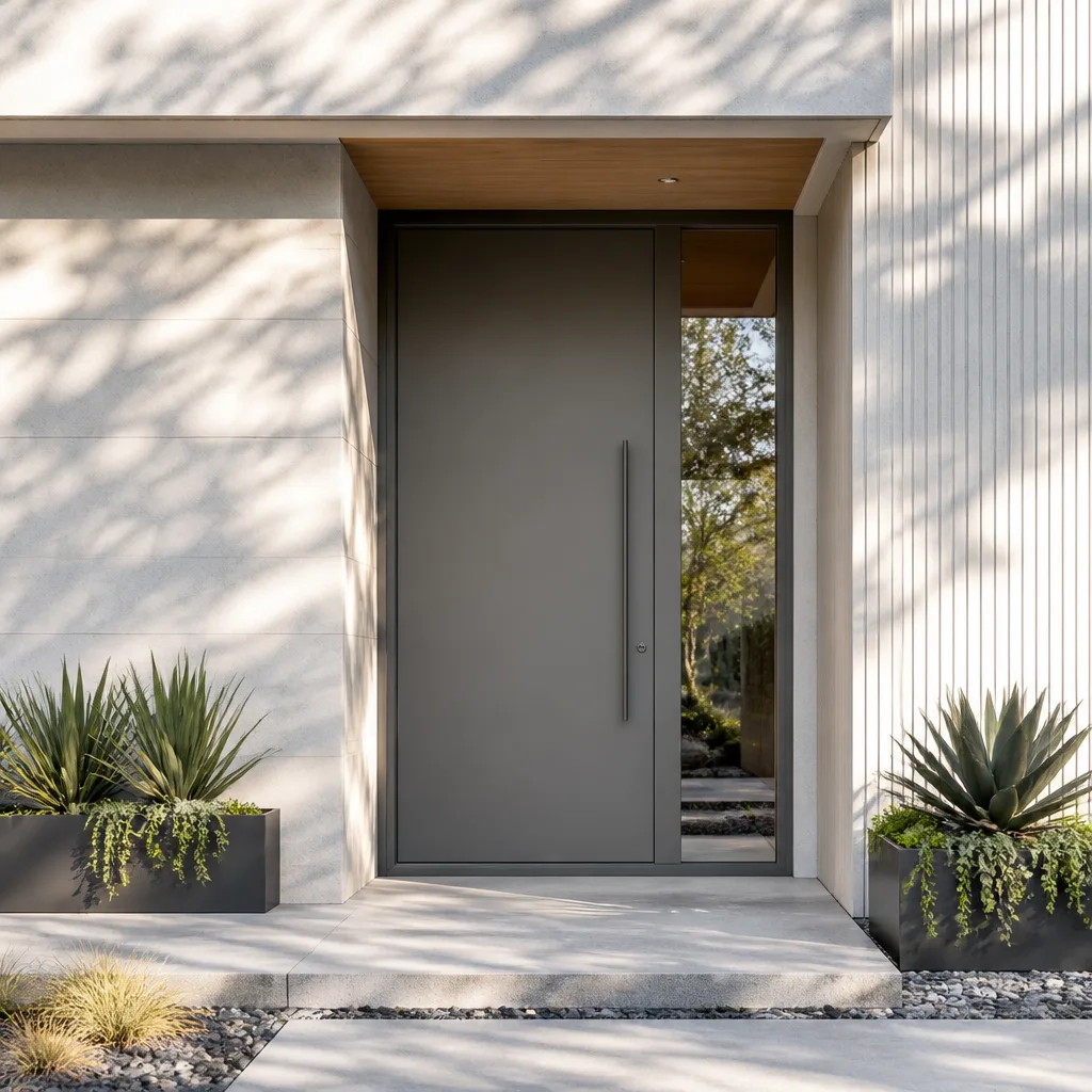 Modern gray pivot entry door installation in a minimalist home exterior