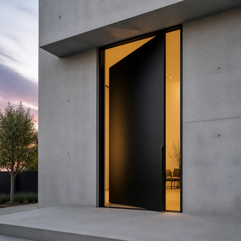 Modern black oversized pivot door installation in a minimalist concrete entryway.