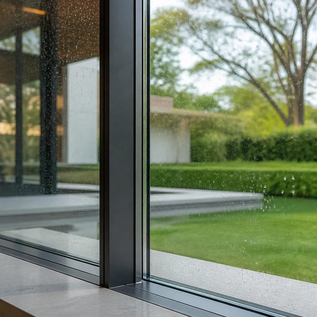 Modern window installation looking out over a green backyard garden