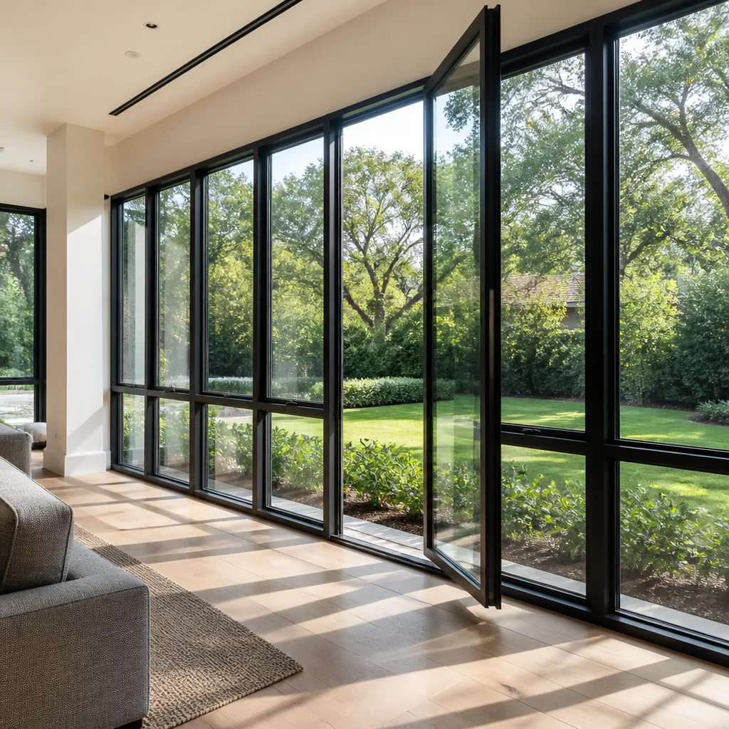 Modern black-framed casement window and door system in luxury home interior