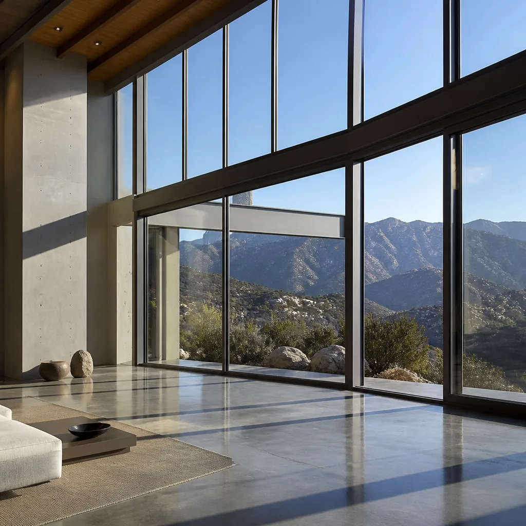 Modern floor-to-ceiling glass wall window installation in a luxury home.