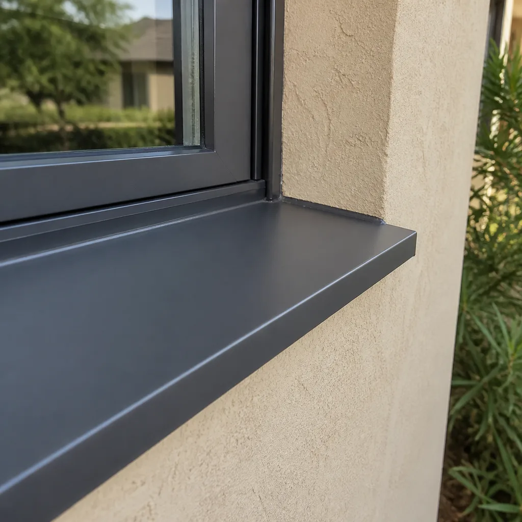 Modern window frame installation with sleek dark metal sill