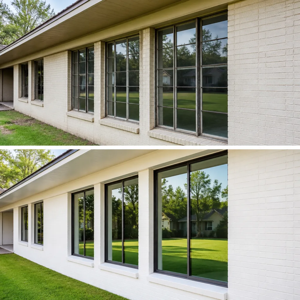 Before and after professional window replacement on a white brick home