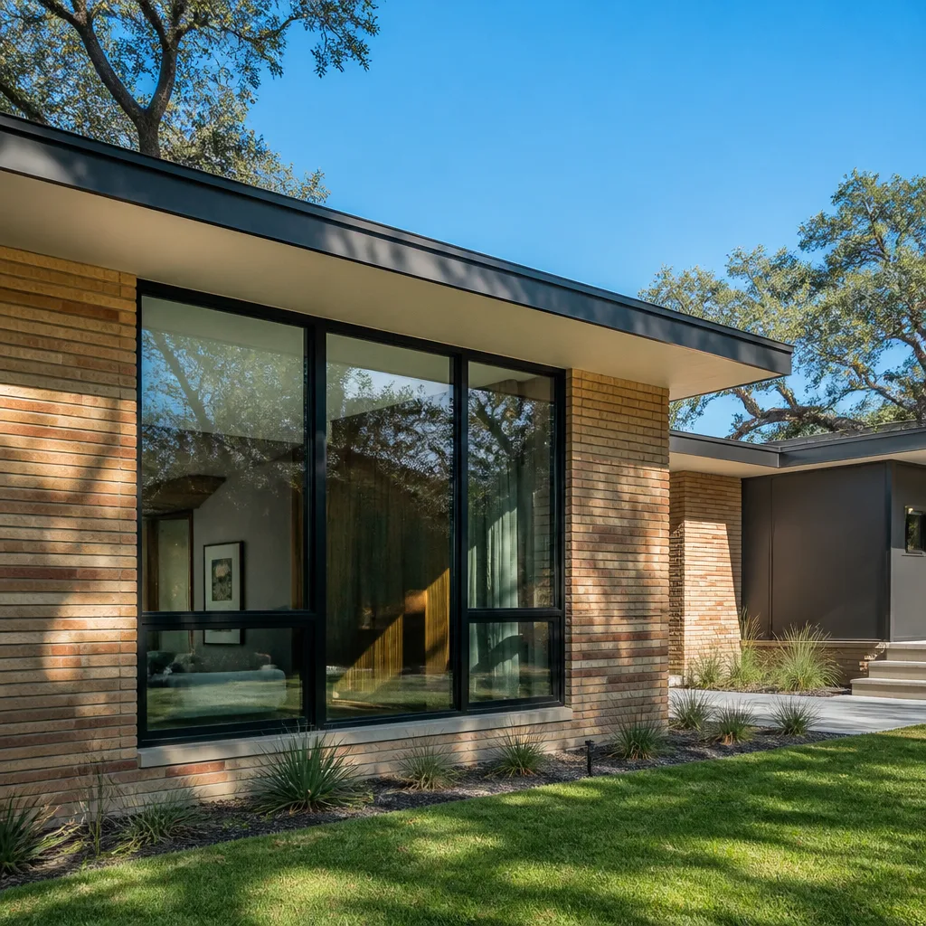 Modern home exterior featuring professional large black-framed window replacement